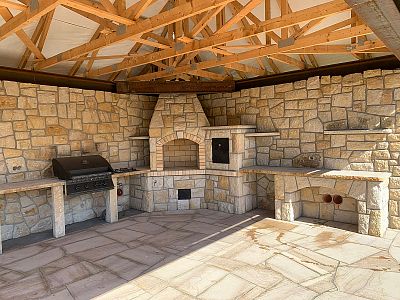 Realizace kamenné venkovní kuchyně s udírnou v zahradní pergole v obci Břehy u Přelouče